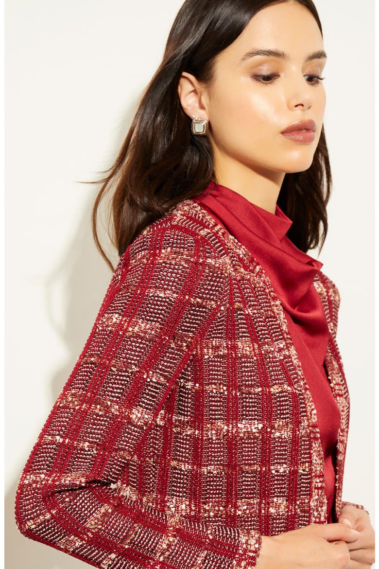 Eyelash Tweed Knit Jacket, Alternate, color, SCARLET RED / MAHOGANY/ MULTI
