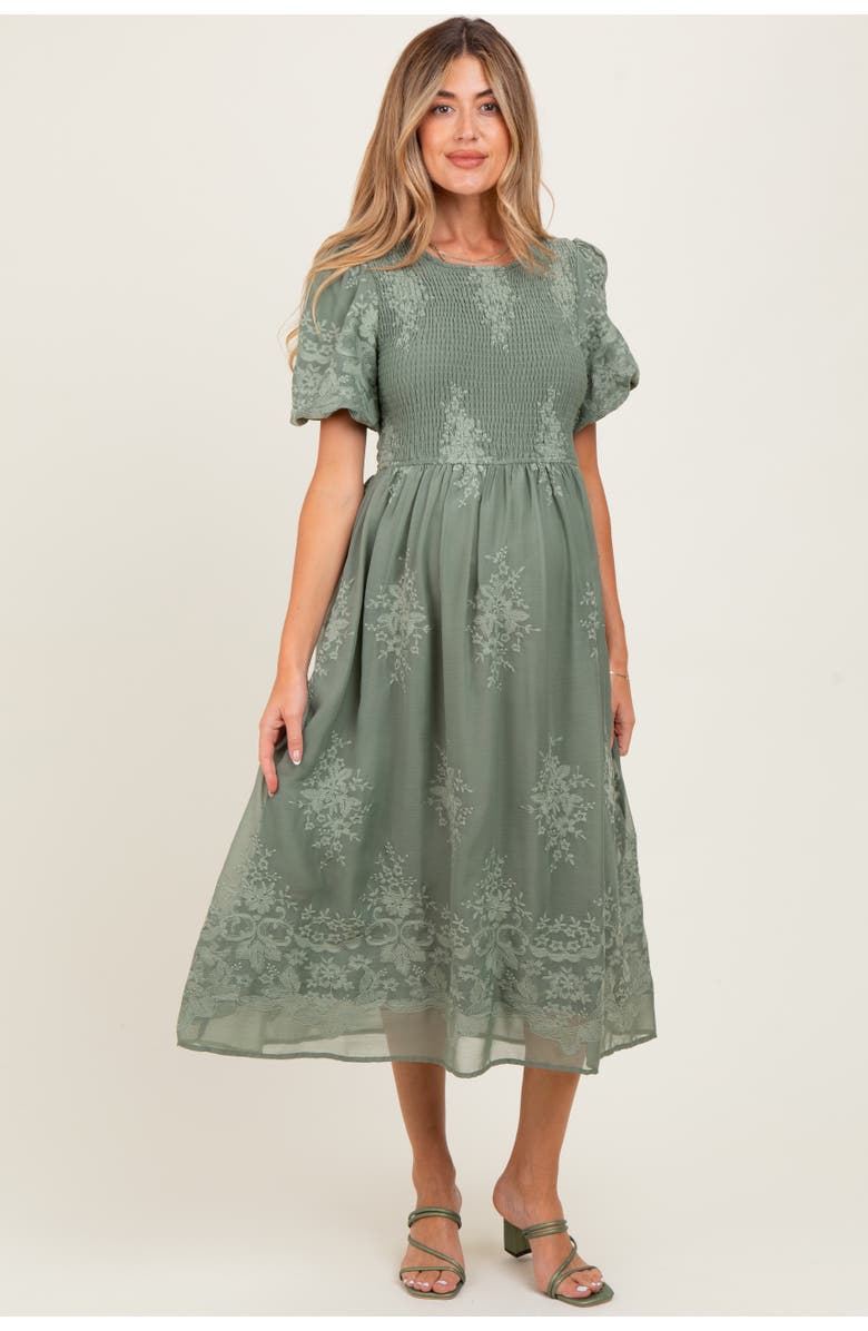 PinkBlush Floral Lace Smocked Midi Dress, Main, color, Light Olive