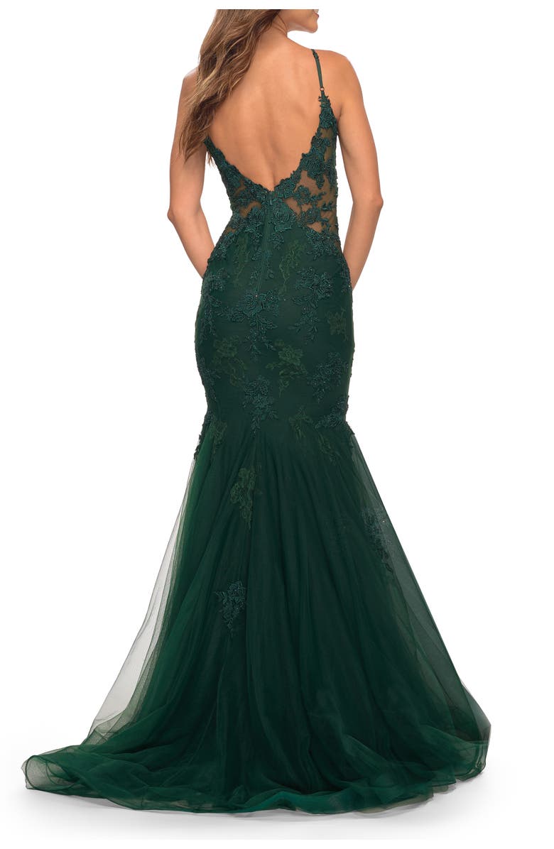 La Femme Tulle and Lace Mermaid Gown in Jewel Tones, Alternate, color, Dark Emerald