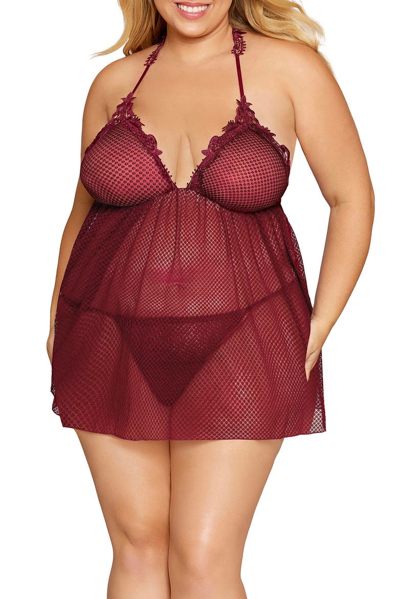 Lace Trim Mesh Babydoll Chemise & G-String Thong, Alternate, color, BURGUNDY