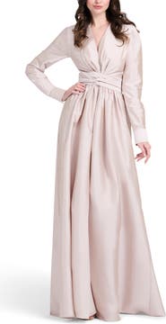 EMILY SHALANT Surplice Long Sleeve Taffeta Gown