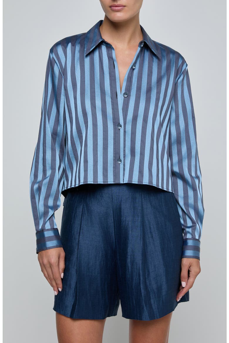 Cosette Stripe High-Low Crop Button-Up Shirt, Main, color, BLUE MULTI STRIPE