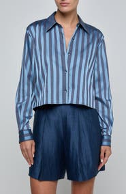L'AGENCE Cosette Stripe High-Low Crop Button-Up Shirt