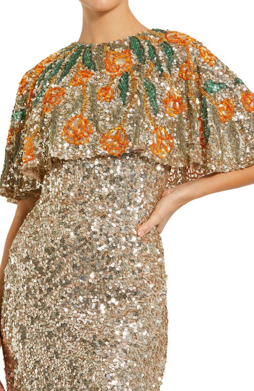 Mac Duggal Embellished Floral Beaded And Sequin Cape Gown In Gold Multi