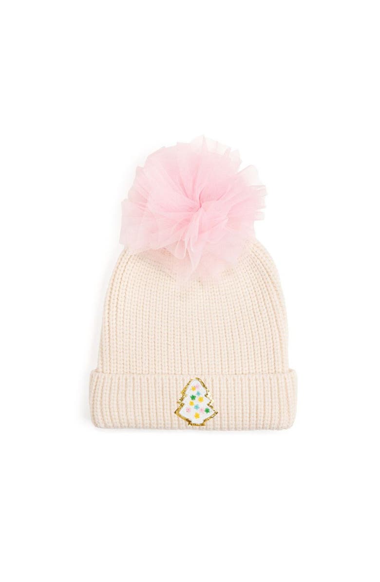 Sweet Wink Pastel Christmas Tree Patch Pom Pom Beanie, Main, color, Natural