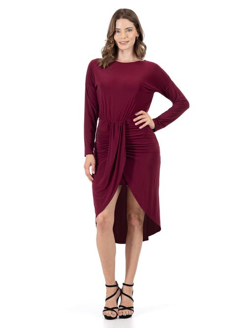 24seven Comfort Apparel Long Sleeve Dressy Tulip Skirt Knee Length Dress In Burgundy