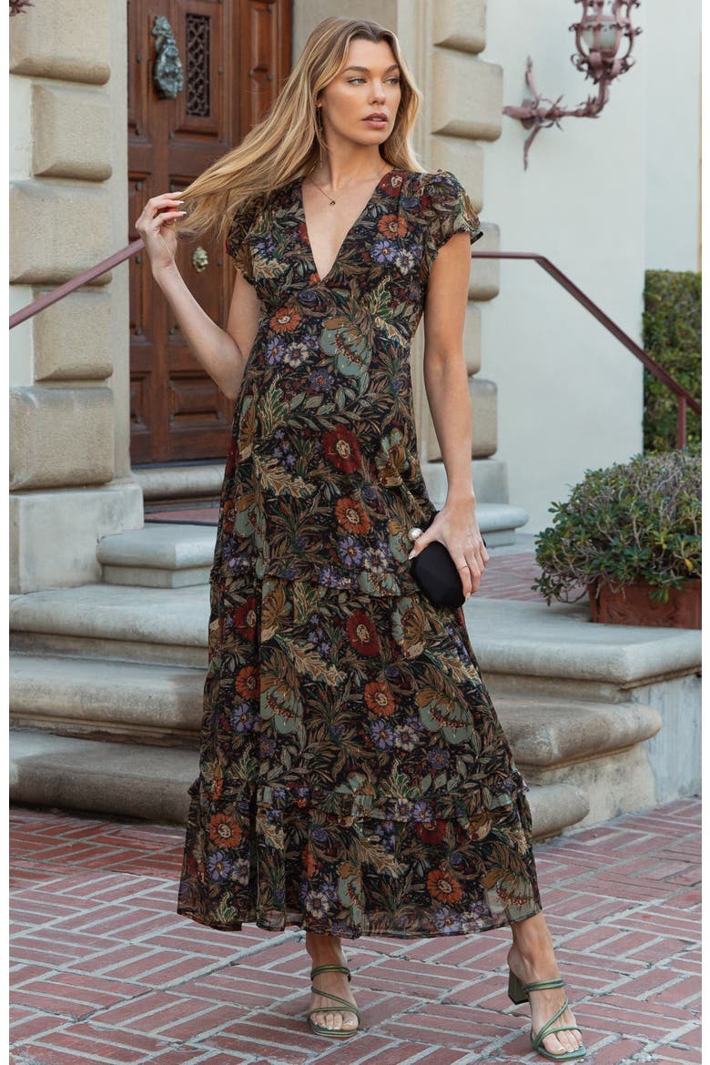 Floral Deep V-Neck Tiered Maxi Dress, Alternate, color, Black