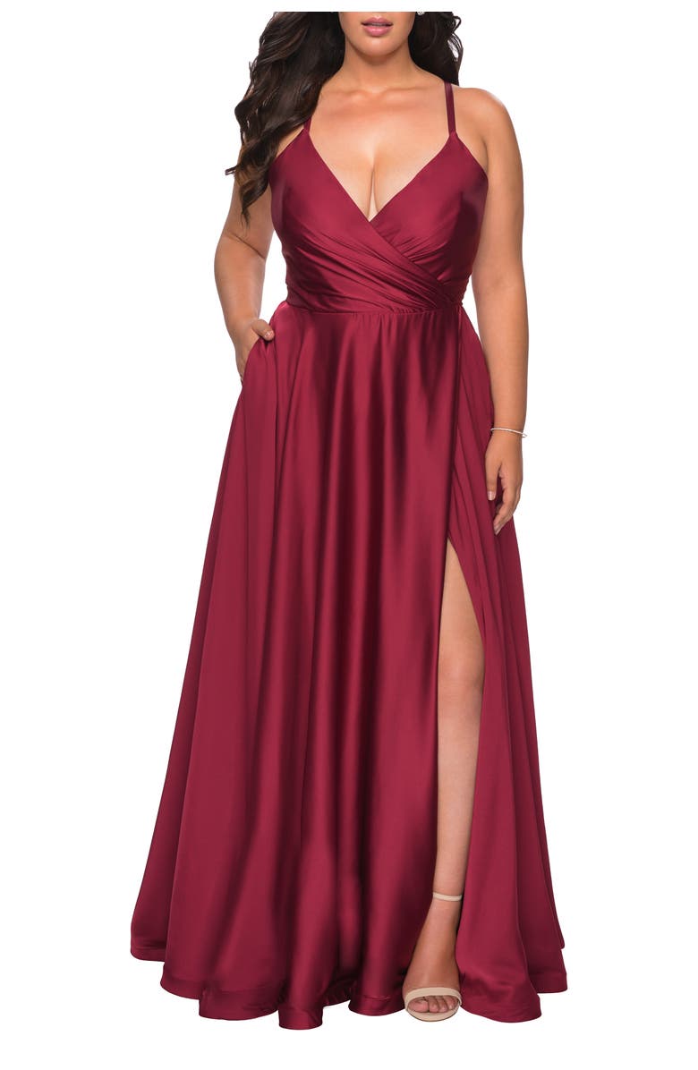 La Femme Satin A-line Plus Dress with Lace Up Back and Pockets, Alternate, color, Wine