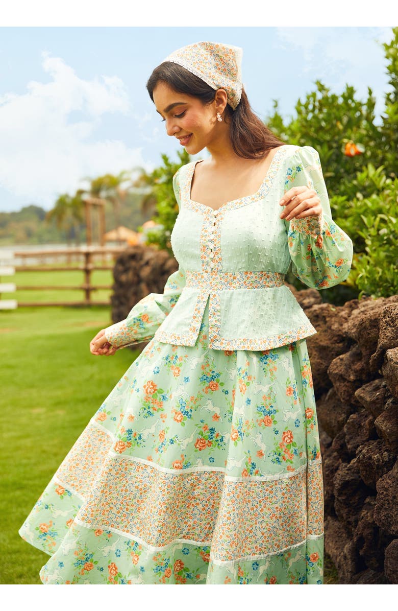 ModCloth Lilly Corselette Peplum Midi Dress, ModCloth x Gunne Sax, Alternate, color, Unicorn Tapestry