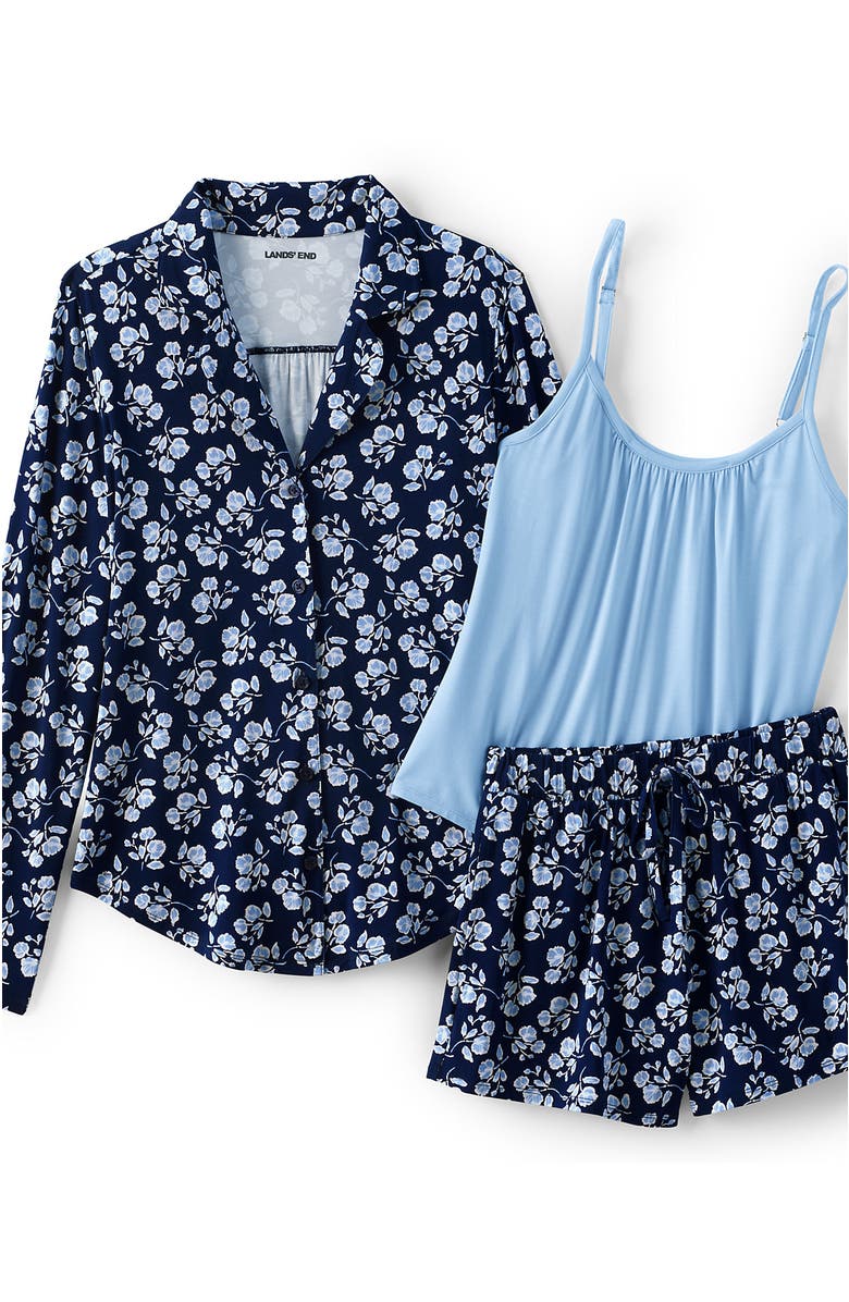 Lands' End Cooling 3 Piece Pajama Set - Long Sleeve Top Cami and Shorts, Alternate, color, Deep Sea Navy Blooms