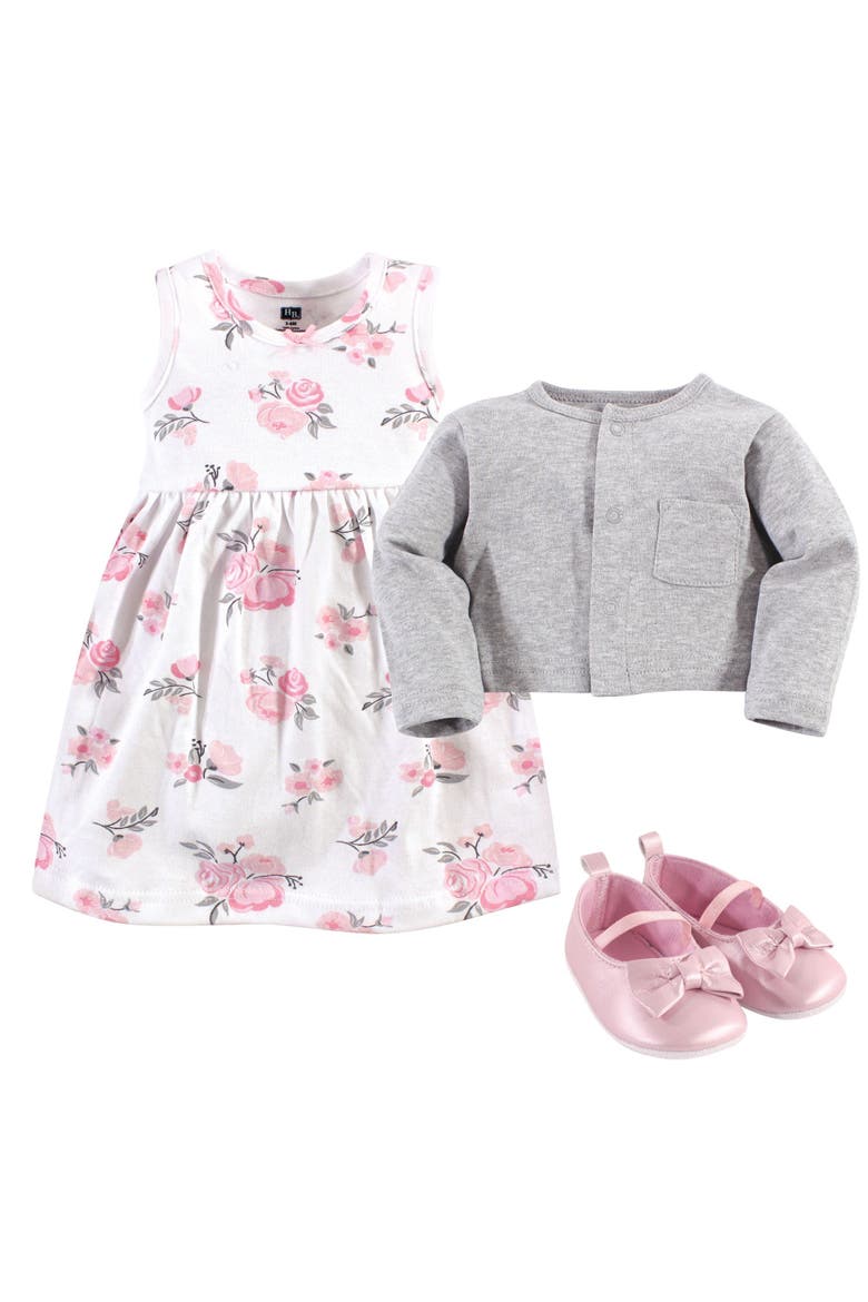 Cotton Dress, Cardigan and Shoe Set, Alternate, color, Pink Gray Floral