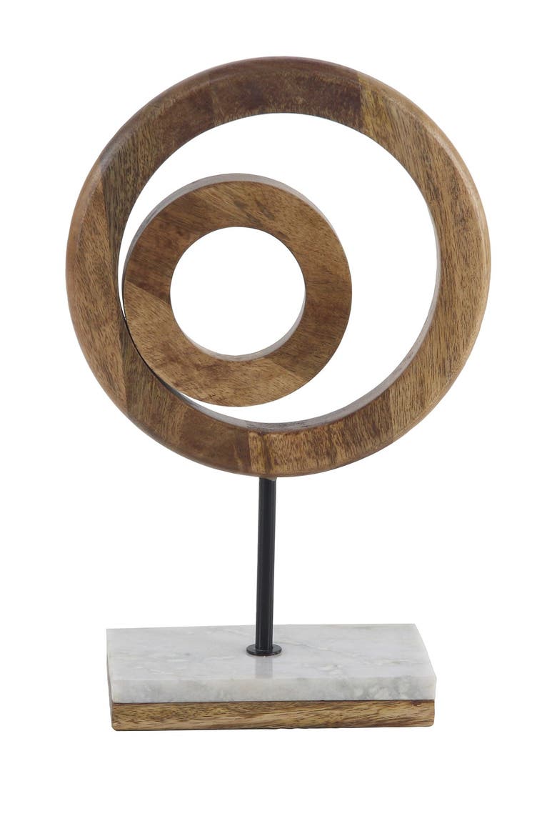 Brown Mango Wood Circle Geometric Sculpture with Marble Stand, Alternate, color, BROWN