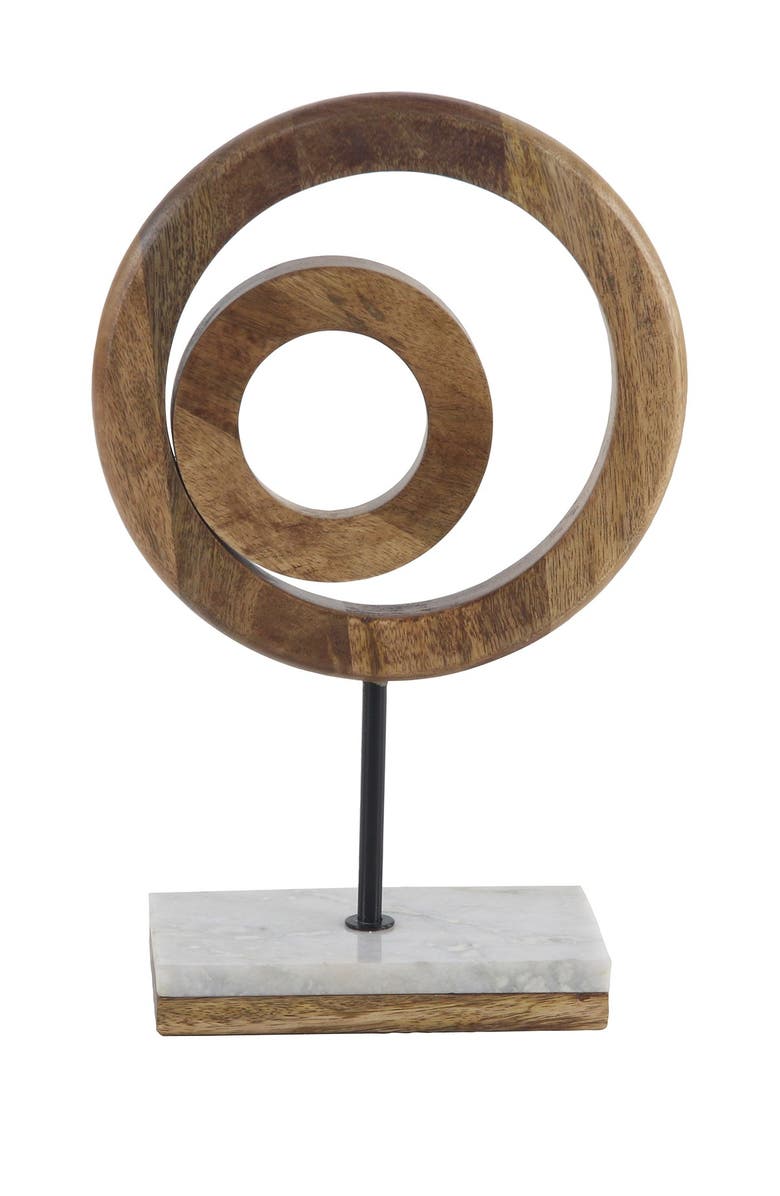WILLOW ROW Brown Mango Wood Circle Geometric Sculpture with Marble Stand, Alternate, color, 