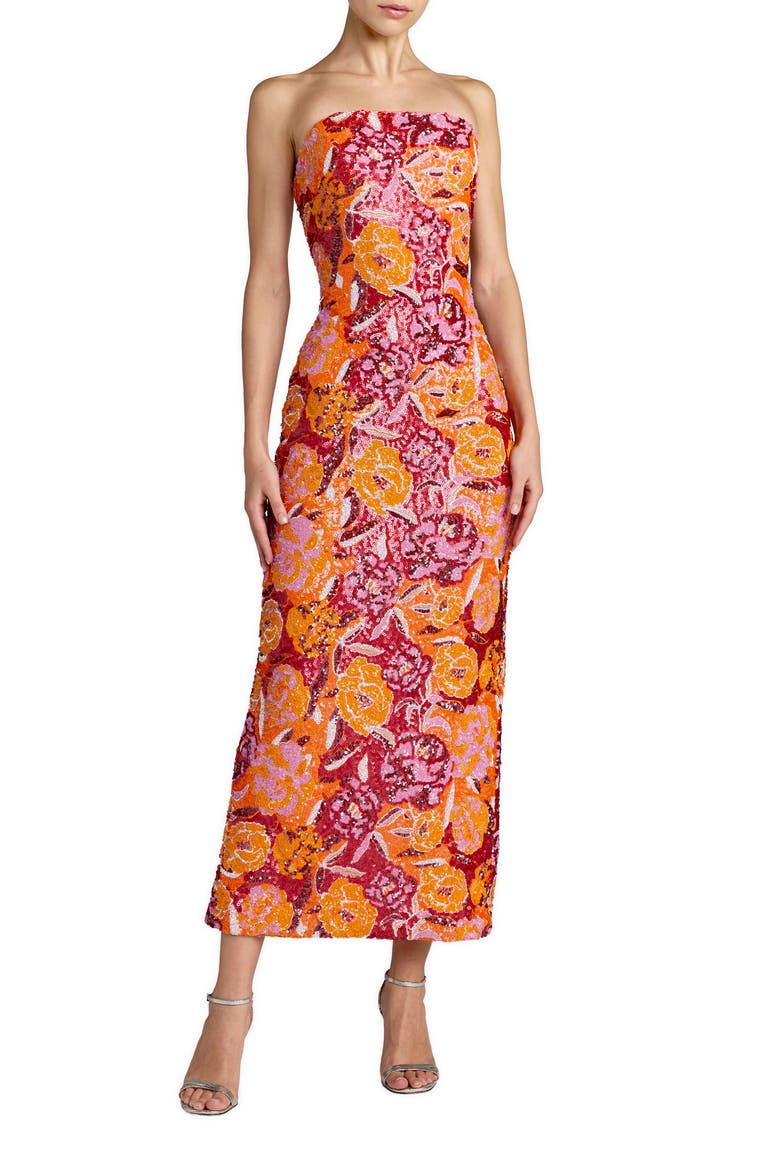 Strapless Floral Sequin Midi Dress, Main, color, Tangerine Multi