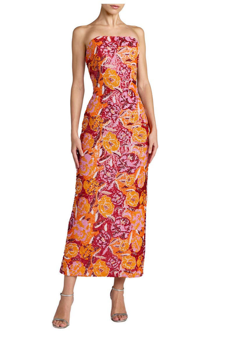 Mac Duggal Strapless Floral Sequin Midi Dress, Main, color, Tangerine Multi