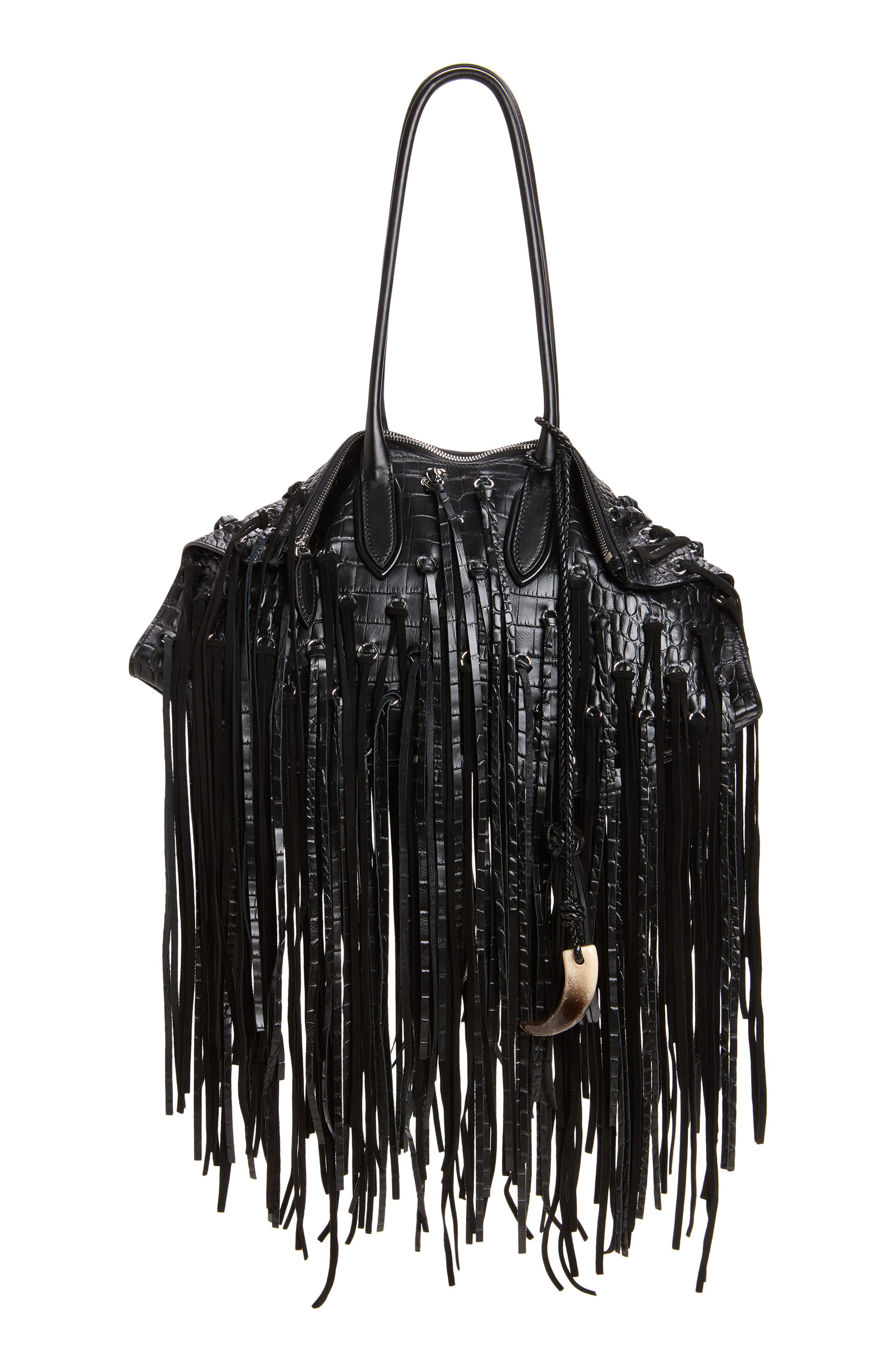 McQueen Manta Fringe Embellished Croc Embossed Leather Shoulder Bag, Main, color, Black/ Silver