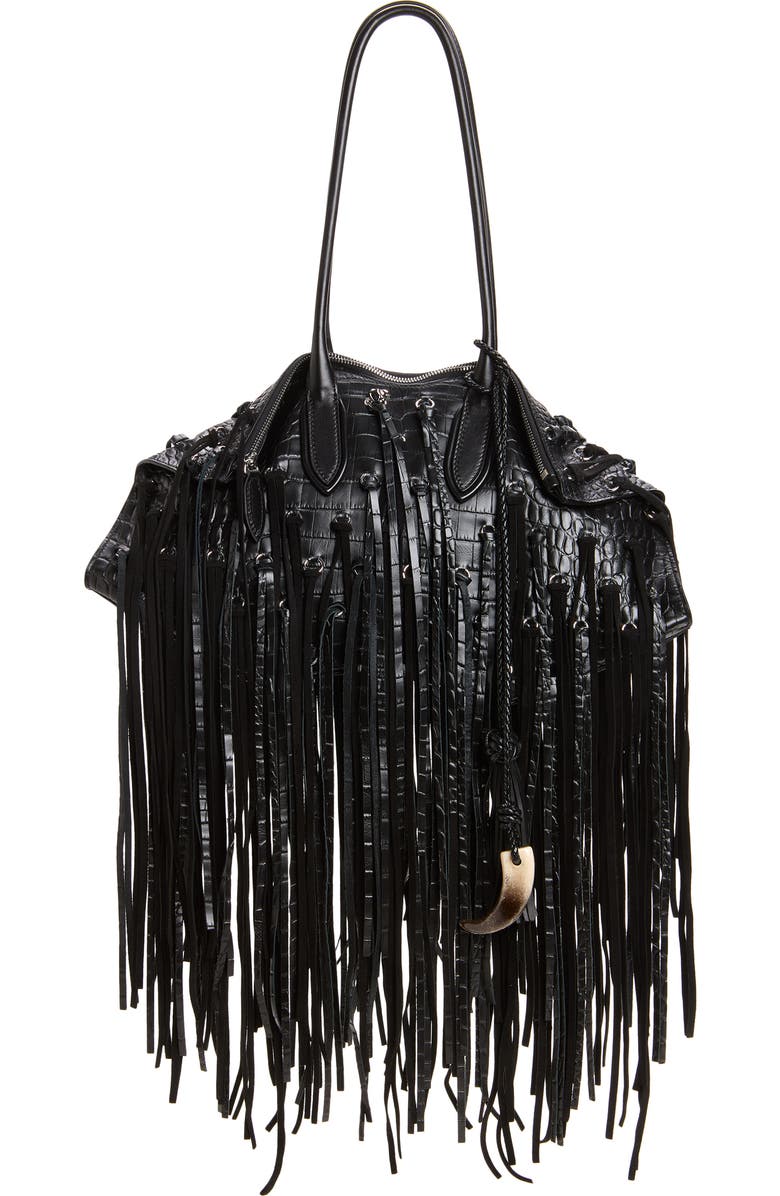 McQueen Manta Fringe Embellished Croc Embossed Leather Shoulder Bag, Main, color, Black/ Silver