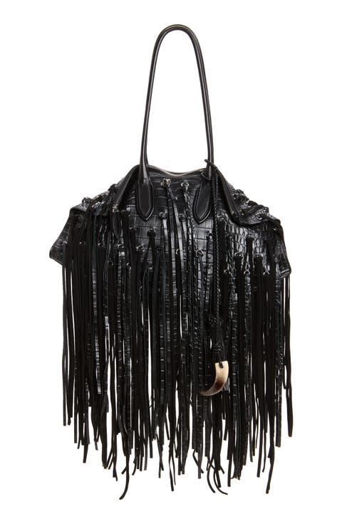 Manta Fringe Embellished Croc Embossed Leather Shoulder Bag