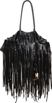 McQueen Manta Fringe Embellished Croc Embossed Leather Shoulder Bag