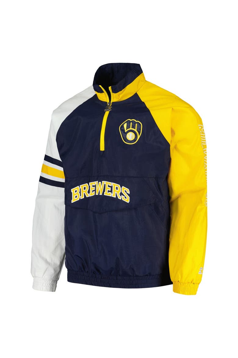 Men's Starter Navy/Gold Milwaukee Brewers Elite Raglan Half-Zip Jacket, Alternate, color, Navy
