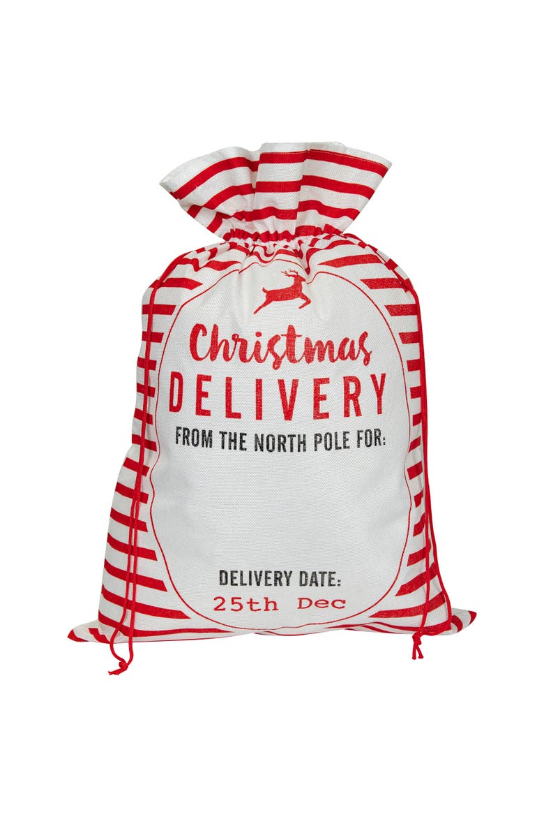 Striped Christmas Delivery Tied Gift Sack - 27.25" - White and Red, Alternate, color, White