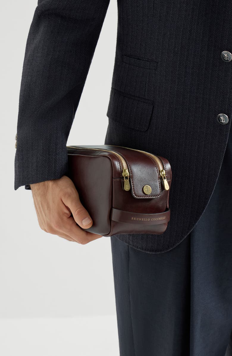 Brunello Cucinelli Calfskin beauty case with double zipper, Alternate, color, Burgundy