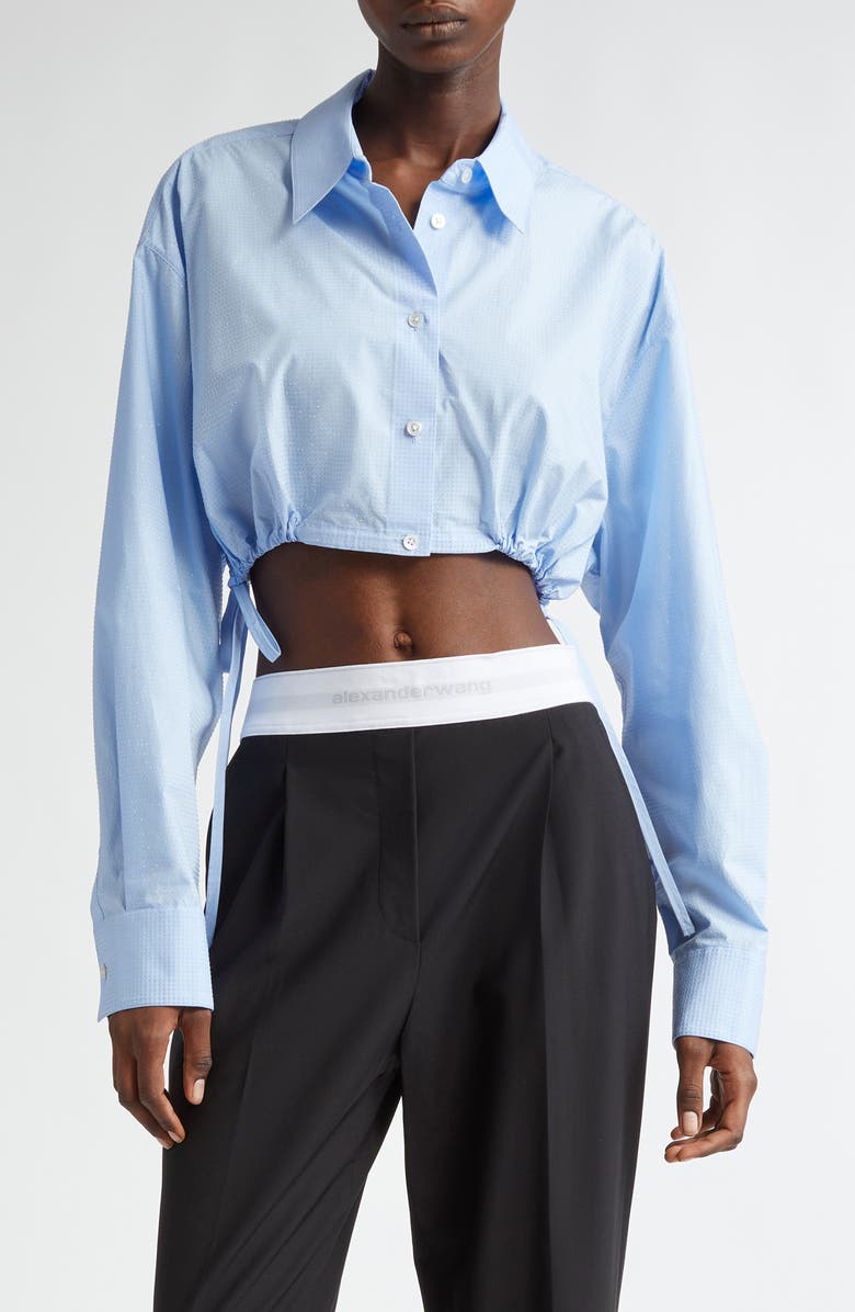 Alexander Wang Crystal Embellished Drawstring Waist Crop Shirt, Main, color, 