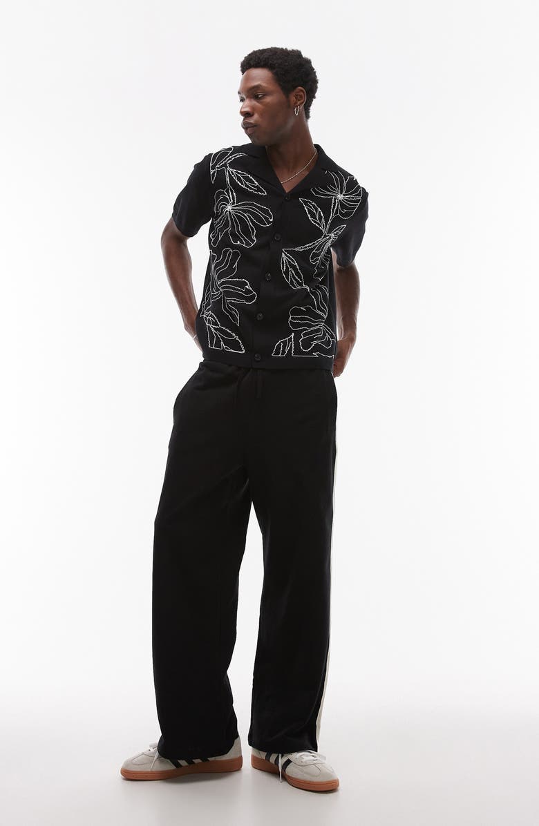 Topman Floral Embroidered Knit Camp Shirt, Alternate, color, Black