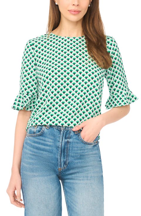 Fan Print Ruffle Cuff Top