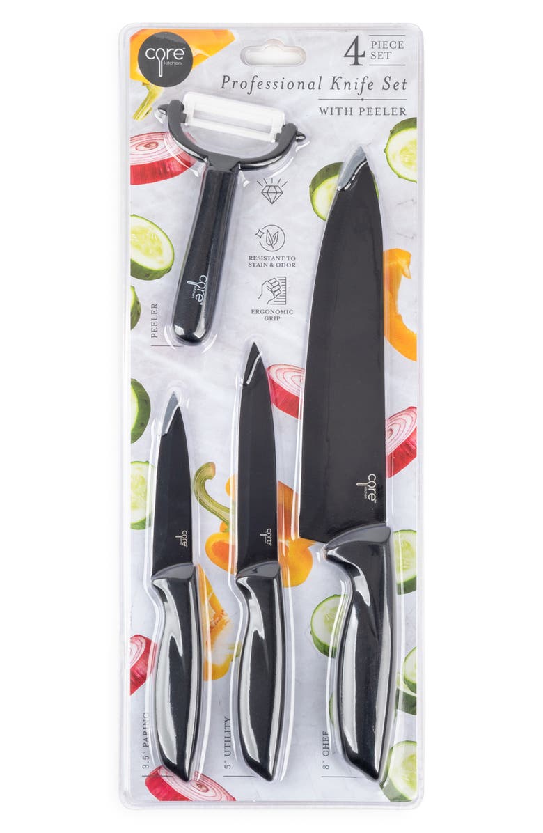 CORE KITCHEN 4-Piece Professional Knife & Peeler Set, Alternate, color, Black