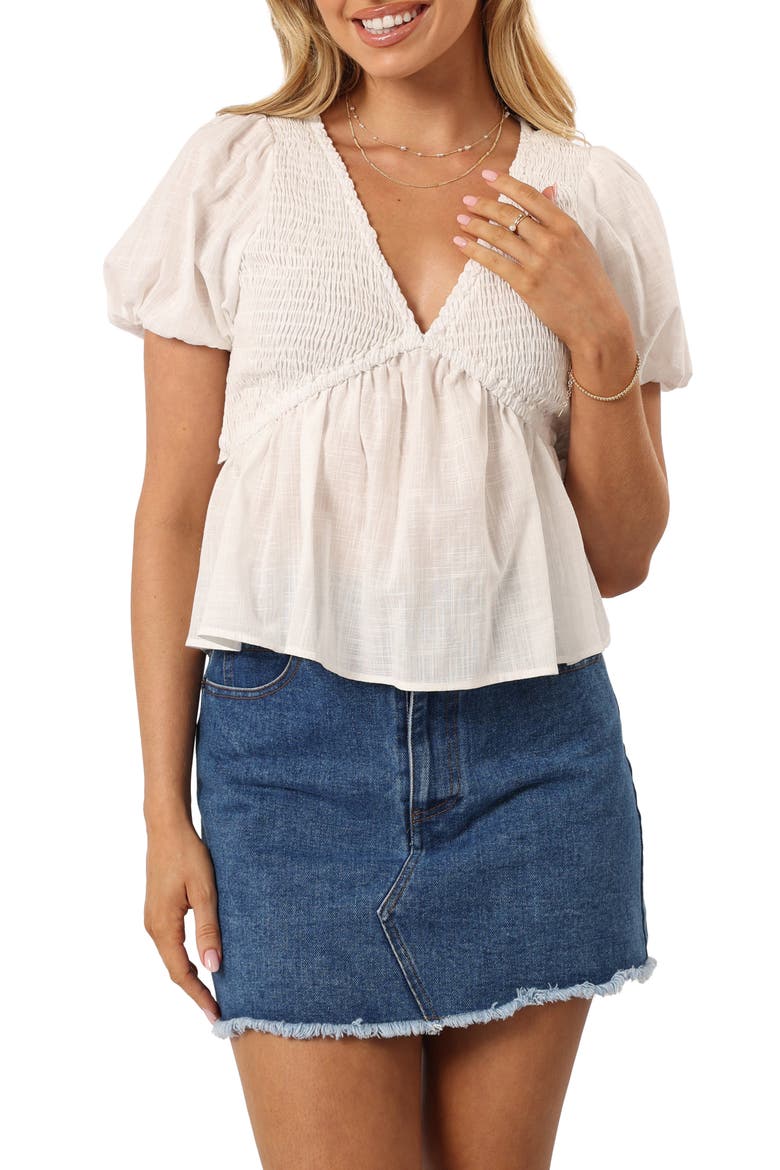 Tamara Cotton Smocked Open Back Peplum Top, Main, color, WHITE