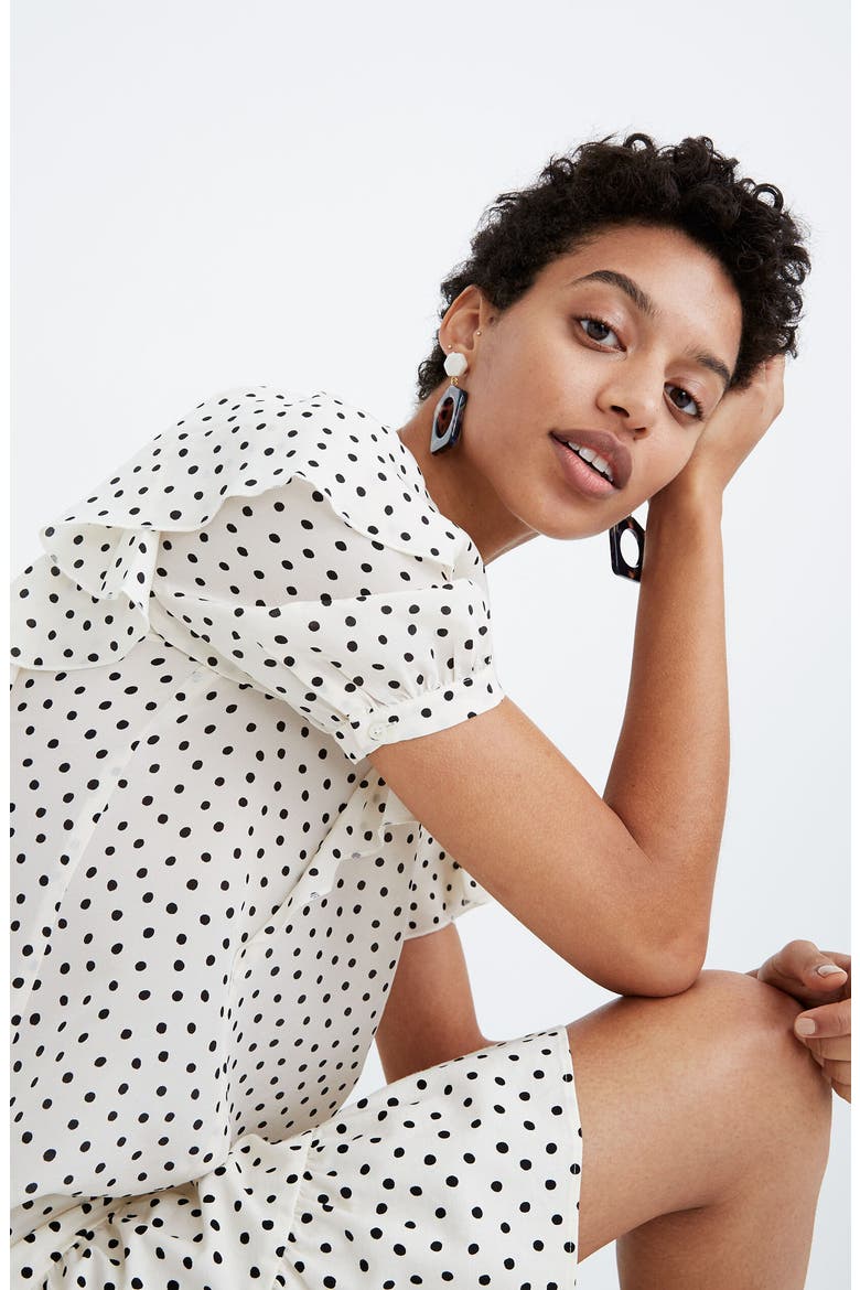 Shoulder Ruffle V-Neck Silk Top, Alternate, color, SCATTERED DOT ANTIQUE CREAM