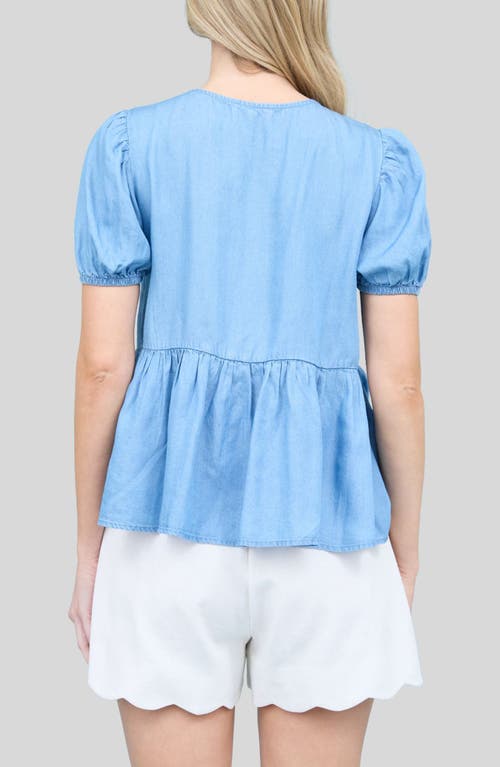 Blu Pepper Front Tie Puff Sleeve Chambray Top In Blue