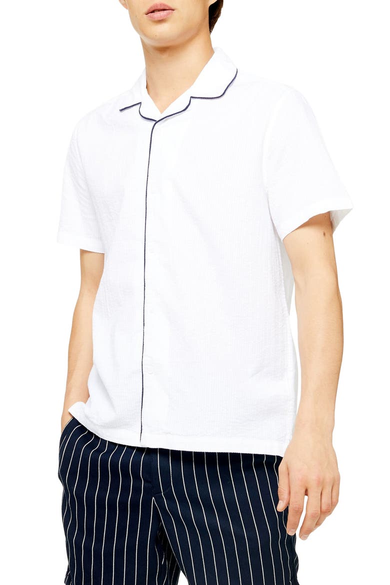 Piped Seersucker Short Sleeve Button-Up Shirt, Main, color, WHITE MULTI