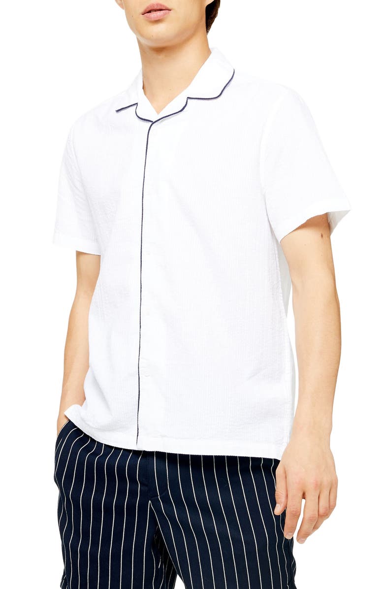 Topman Piped Seersucker Short Sleeve Button-Up Shirt, Main, color,