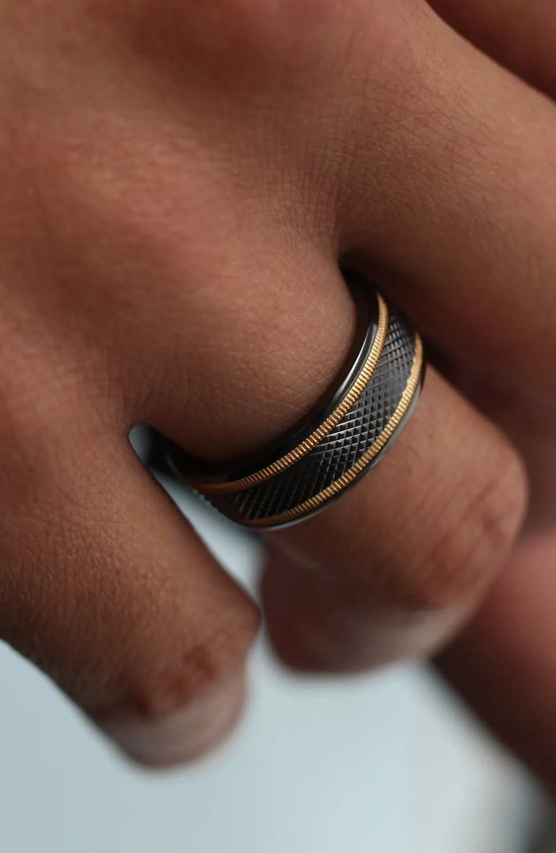 Larson Jewelers Baroque Titanium Diamond Pattern Wedding Ring, Alternate, color, Black / Gold