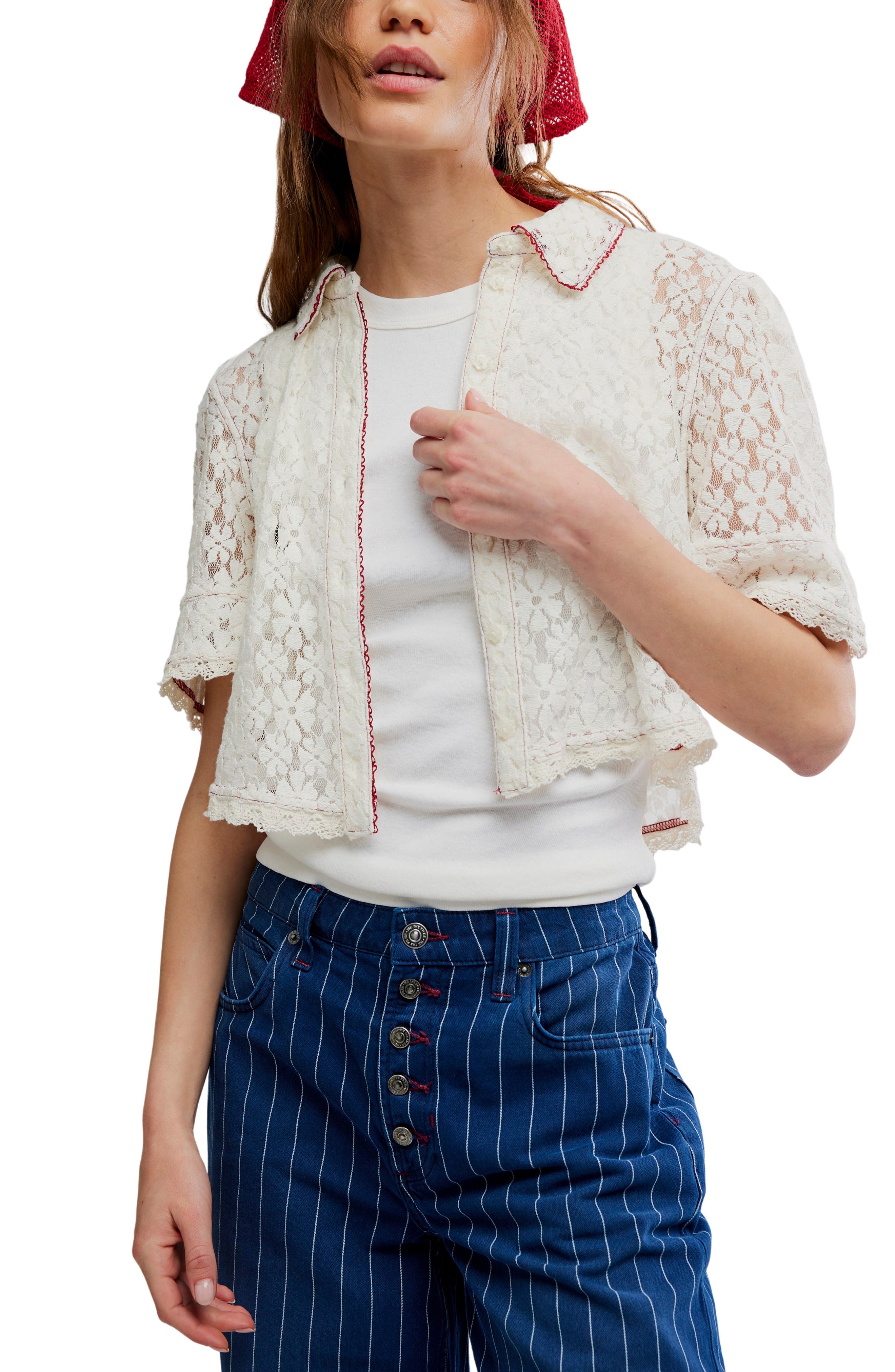 Free People Mannie Floral Lace Button-Up Crop Shirt
