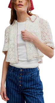 Free People Mannie Floral Lace Button-Up Crop Shirt