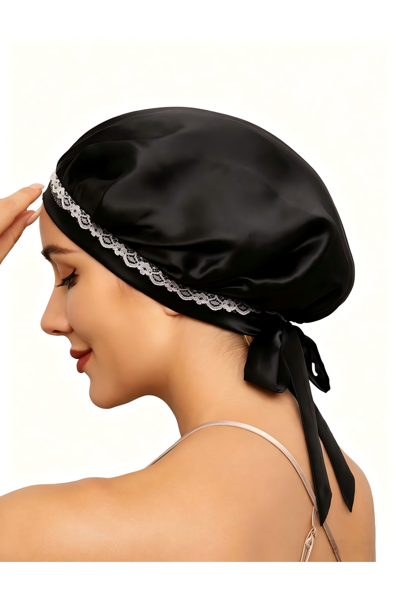 Pure Silk Lace Bonnet with Ribbons, Alternate, color, Black