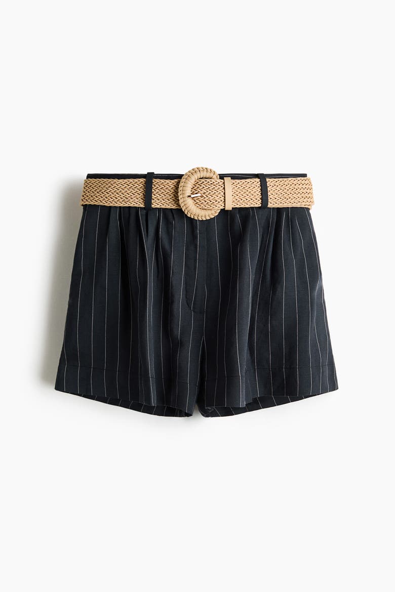 Belted Linen-blend Shorts, Alternate, color, Navy blue/pinstriped