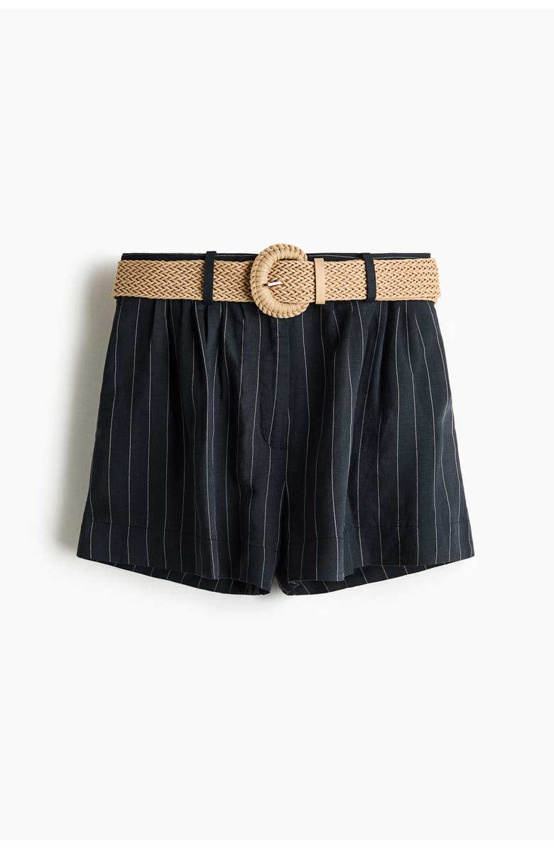 H&M Belted Linen-blend Shorts, Alternate, color, Navy Blue/Pinstriped