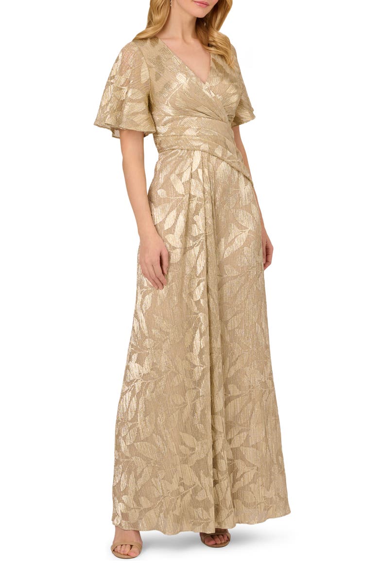 Adrianna Papell Metallic Leaf Jacquard Draped Gown, Alternate, color, Champagne/ Gold