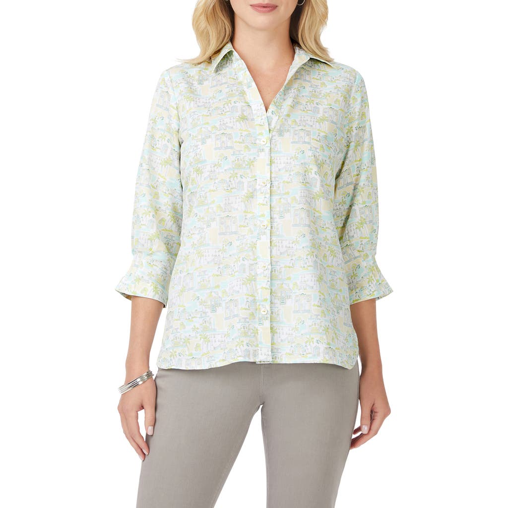 Foxcroft Meryl Coast To Coast Print Cotton Button-up Shirt In Green