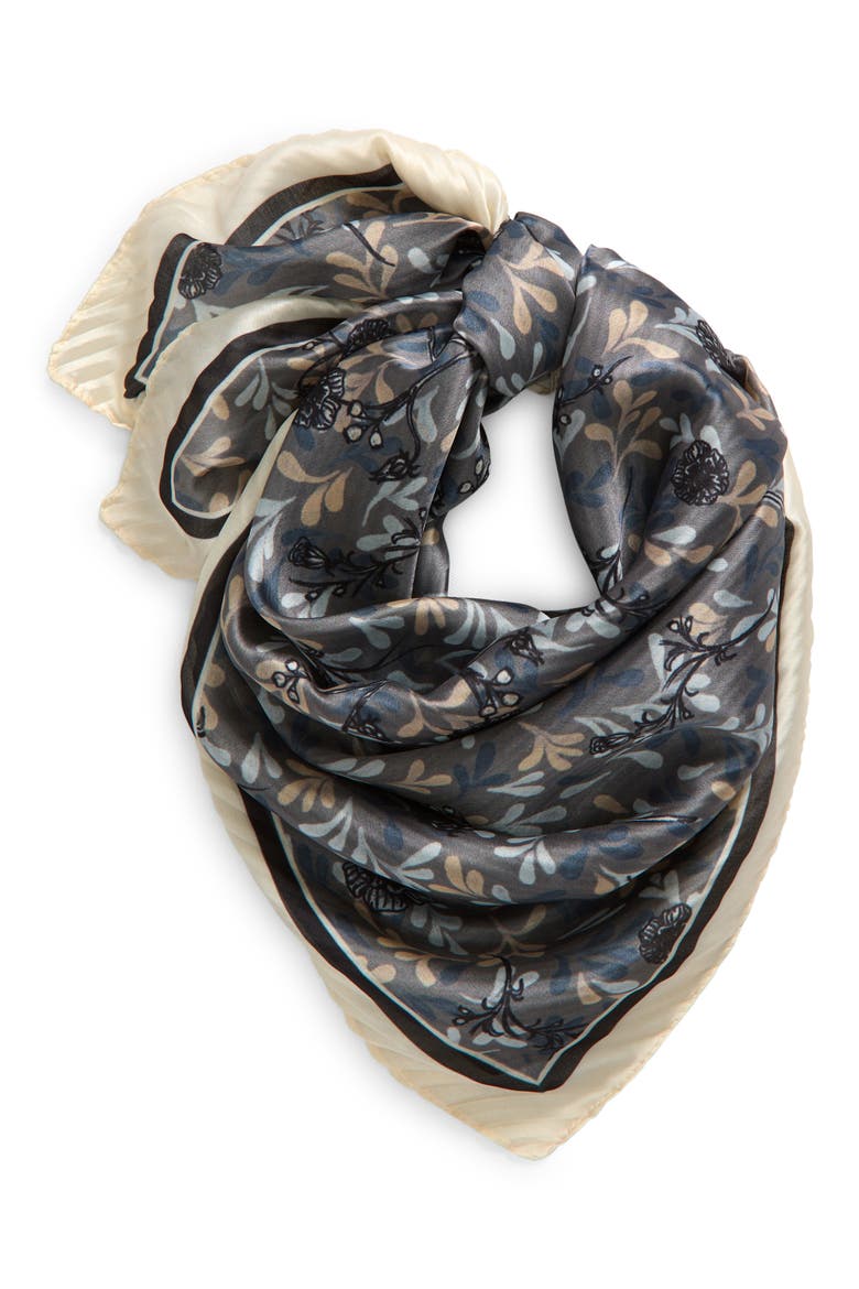 Pleated Satin Scarf, Alternate, color, GREY- BLUE CLIMBING FLORAL