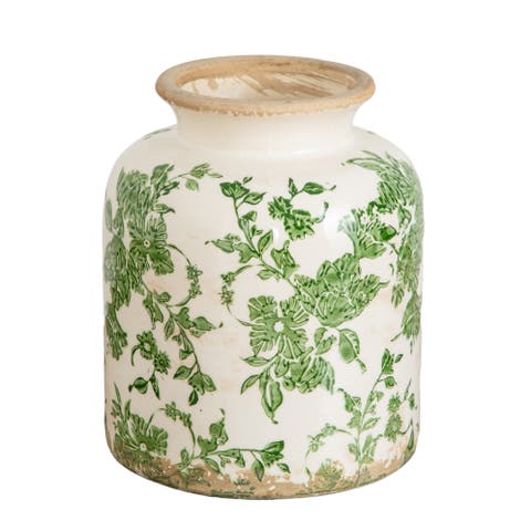 8-in Floral Tuscan Ceramic Green Scroll Vase