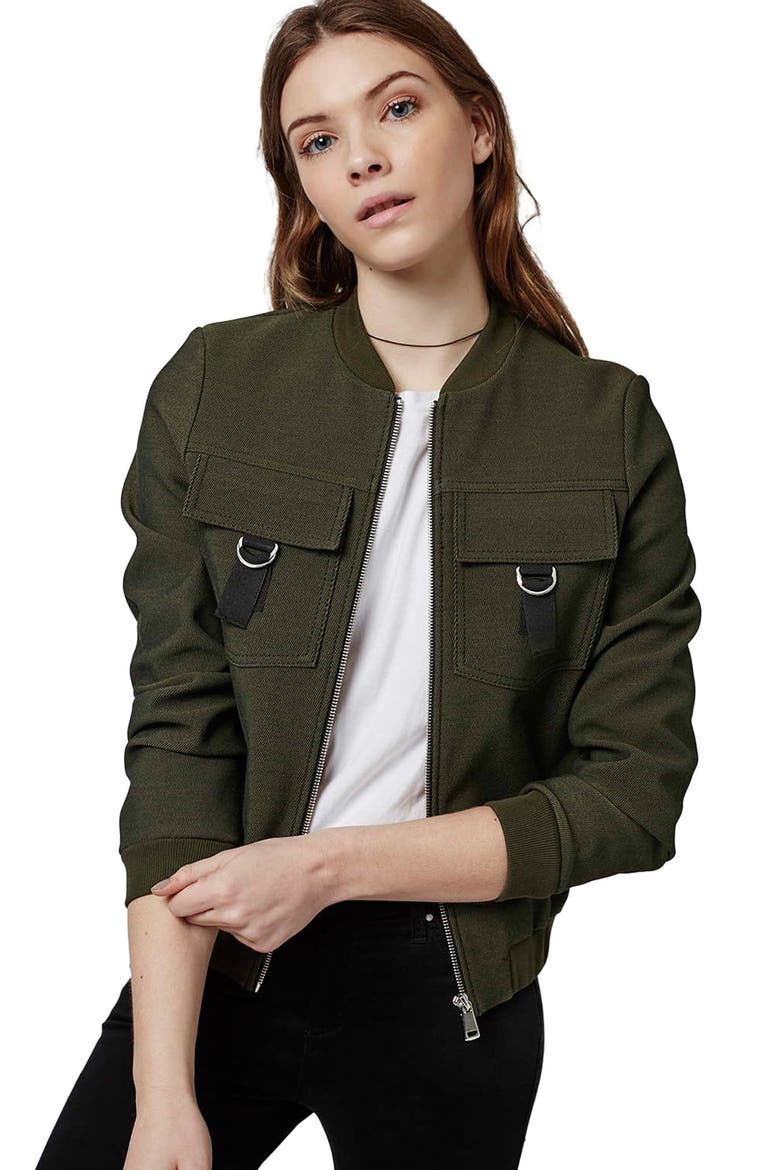 D-Ring Detail Twill Bomber Jacket, Alternate, color, OLIVE