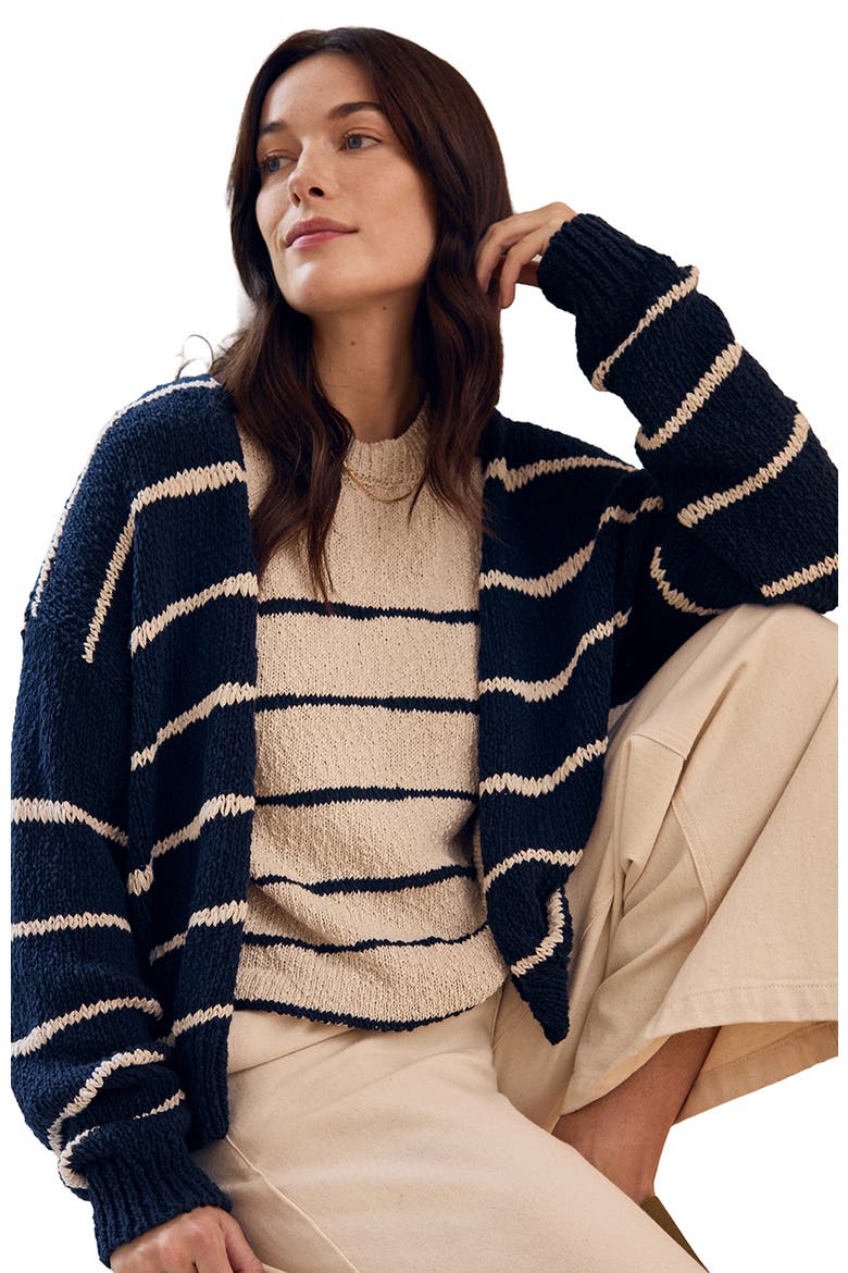 Long Sleeve Drop Stitch Cardigan, Alternate, color, Navy / Ecru