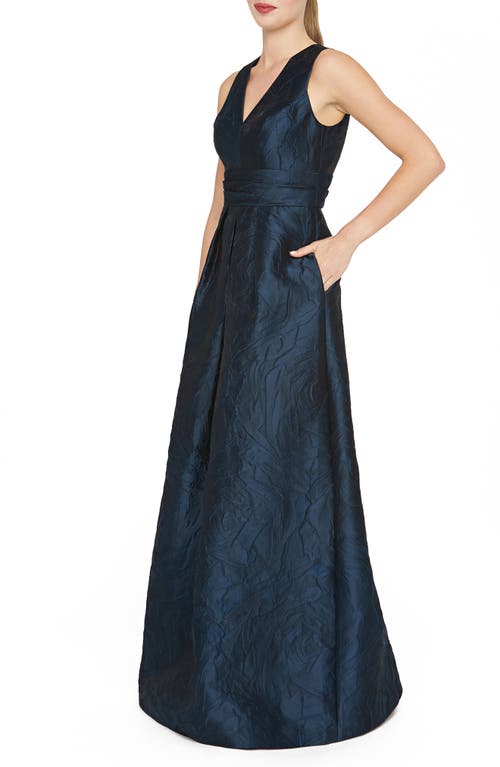 Kay Unger Mariah Crinkle Pleated Gown In Blue