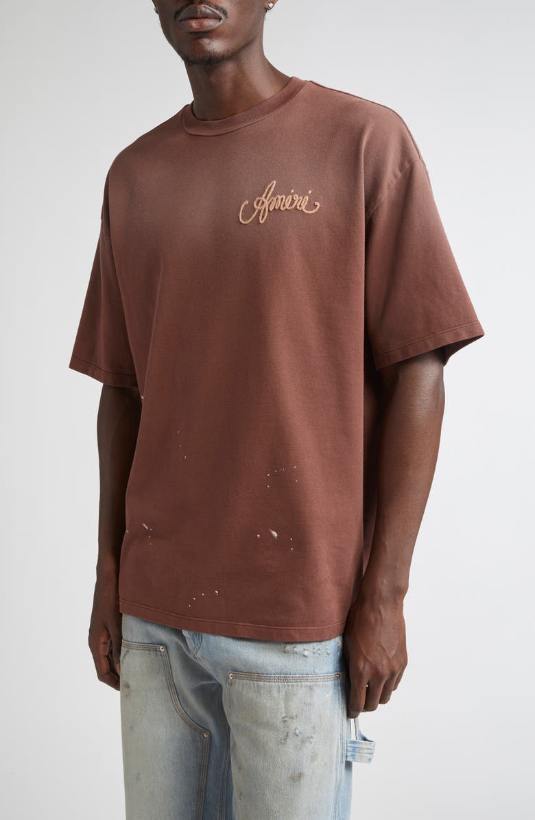 AMIRI Design Studio Embroidered Paint Splatter Oversize T-Shirt, Main, color, Walnut Brown