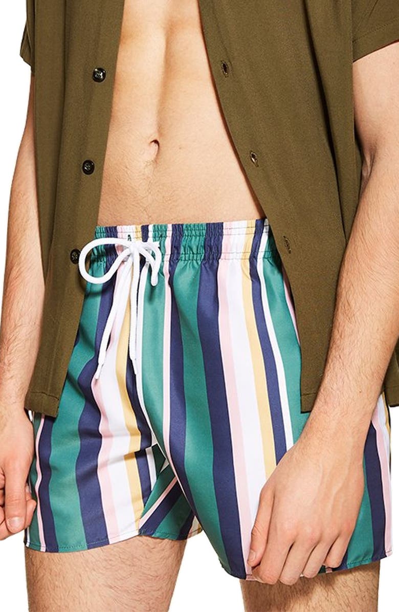 Topman Stripe Swim Trunks, Main, color, 